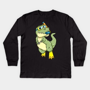 Funny dinosaur is swimming with a snorkel Kids Long Sleeve T-Shirt